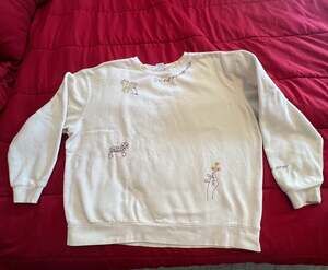 Zara Embroidered French Text & Floral Graphic Sweatshirt XL Cottagecore Cozy
